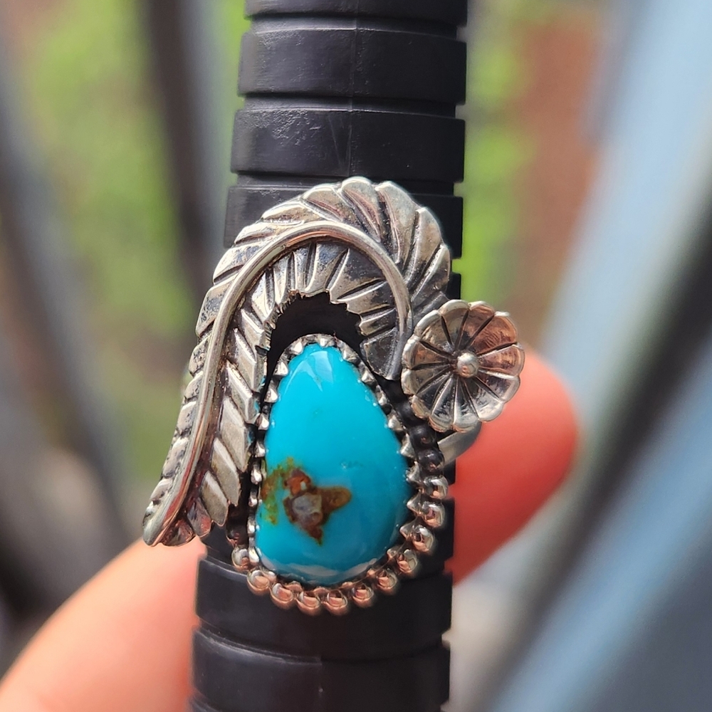 Handmade Sterling Silver 925 Mine 8 Turquoise Blossom Feather Ring Size 7 - Picture 7 of 8
